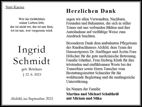Traueranzeige von Ingrid Schmidt von Oberhessen Kurier