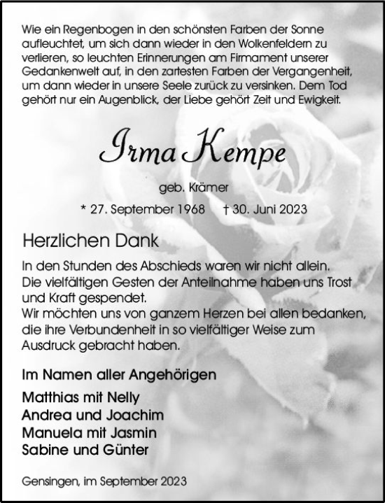 Traueranzeige von Irma Kempe von Allgemeine Zeitung Bingen/Ingelheim