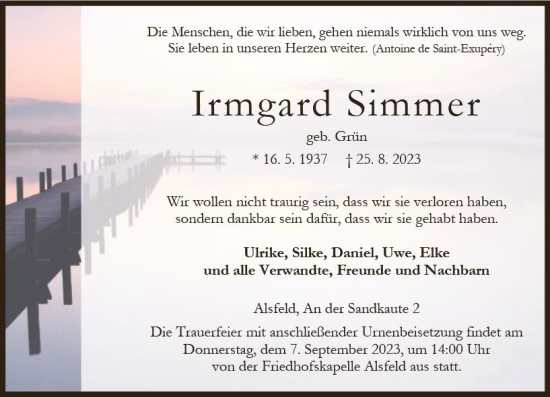 Traueranzeige von Irmgard Simmer von Oberhessen Kurier