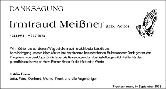 Traueranzeige von Irmtraud Meißner von Hinterländer Anzeiger