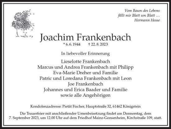 Traueranzeige von Joachim Frankenbach von Allgemeine Zeitung Mainz