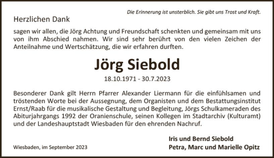 Traueranzeige von Jörg Siebold von Wiesbadener Kurier