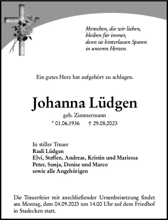 Traueranzeige von Johanna Lüdgen von Allgemeine Zeitung Bingen/Ingelheim