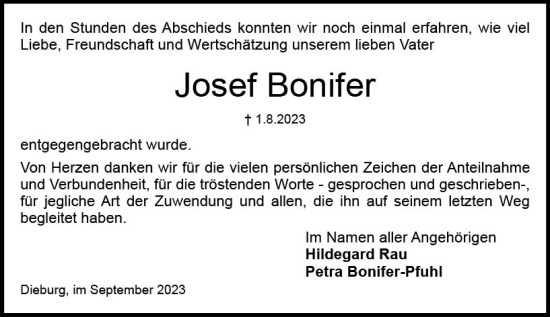 Traueranzeige von Josef Bonifer von Dieburger Anzeiger/Groß-Zimmerner Lokal-Anzeiger