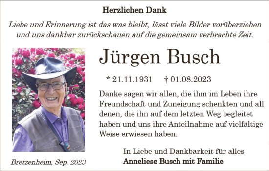 Traueranzeige von Jürgen Busch von Allgemeine Zeitung Bad Kreuznach