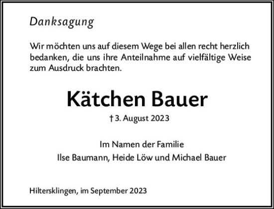 Traueranzeige von Kätchen Bauer von Odenwälder Echo