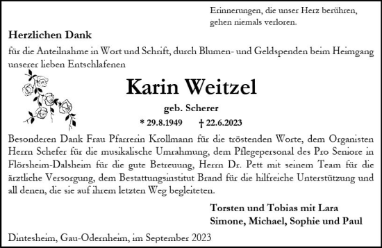 Traueranzeige von Karin Weitzel von Allgemeine Zeitung Alzey
