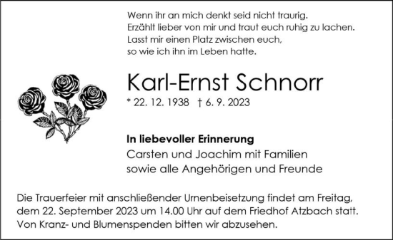 Traueranzeige von Karl-Ernst Schnorr von Wetzlarer Neue Zeitung