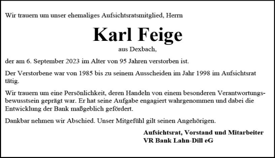 Traueranzeige von Karl Feige von Hinterländer Anzeiger