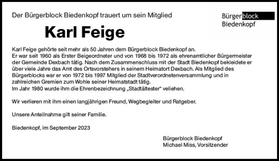 Traueranzeige von Karl Feige von Hinterländer Anzeiger