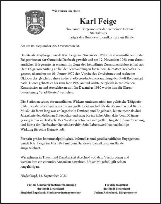 Traueranzeige von Karl Feige von Hinterländer Anzeiger