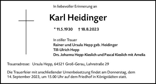 Traueranzeige von Karl Heidinger von Rüsselsheimer Echo