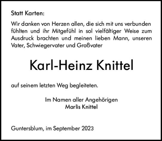Traueranzeige von Karl-Heinz Knittel von Allgemeine Zeitung Mainz