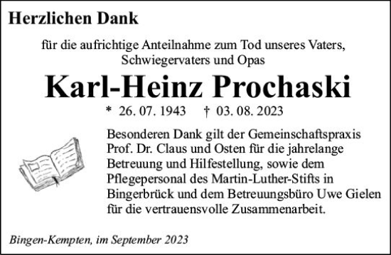 Traueranzeige von Karl-Heinz Prochaski von Bingen/Ingelheim WOBL inkl. Neue Binger Ztg.
