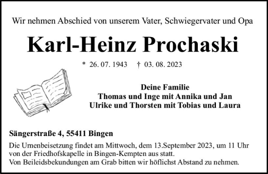 Traueranzeige von Karl-Heinz Prochaski von Bingen/Ingelheim WOBL inkl. Neue Binger Ztg.