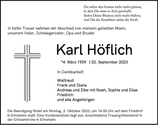 Traueranzeige von Karl Höflich von Allgemeine Zeitung Mainz