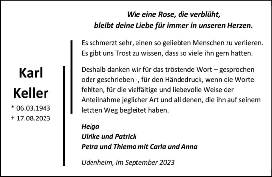Traueranzeige von Karl Keller von Allgemeine Zeitung Alzey