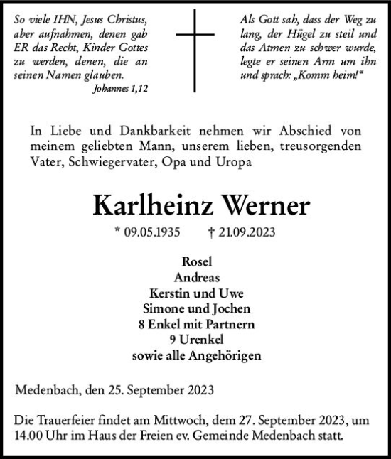 Traueranzeige von Karlheinz Werner von Dill Block