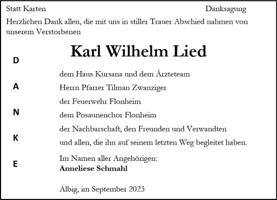 Traueranzeige von Karl Wilhelm Lied von Allgemeine Zeitung Alzey