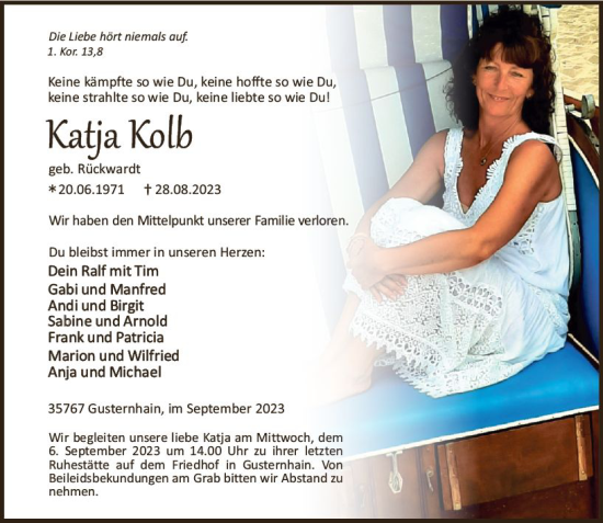 Traueranzeige von Katja Kolb von Dill Block