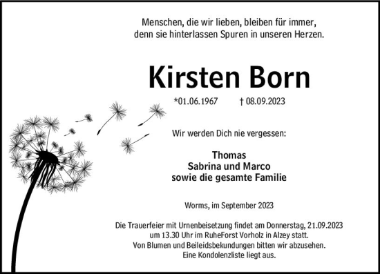 Traueranzeige von Kirsten Born von Wormser Zeitung