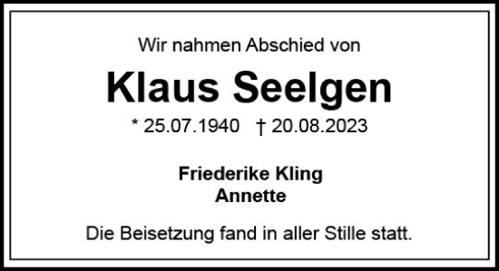 Traueranzeige von Klaus Seelgen von Wiesbadener Kurier