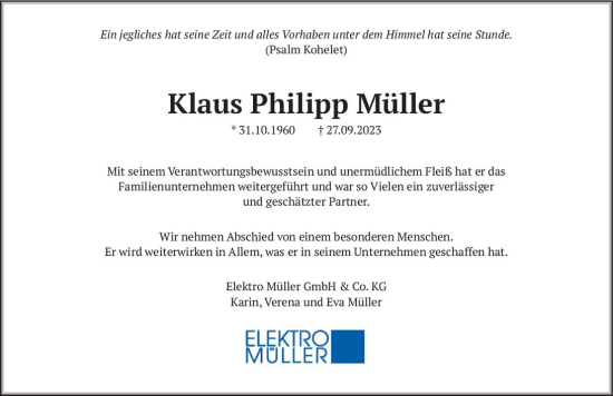 Traueranzeige von Klaus Philipp Müller von Darmstädter Echo