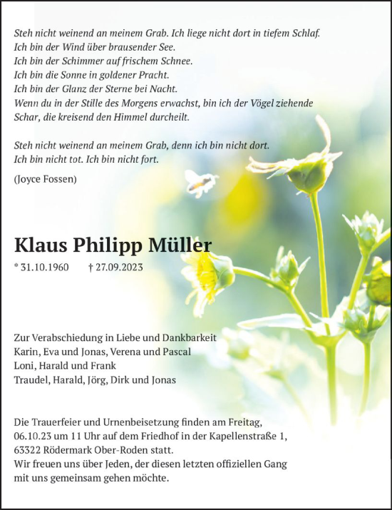 Traueranzeige von Klaus Philipp Müller von Darmstädter Echo