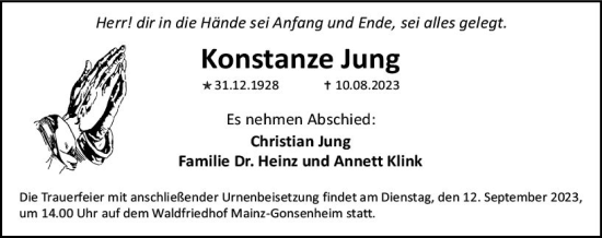 Traueranzeige von Konstanze Jung von Allgemeine Zeitung Mainz