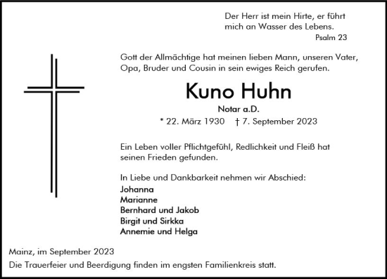 Traueranzeige von Kuno Huhn von Allgemeine Zeitung Bad Kreuznach