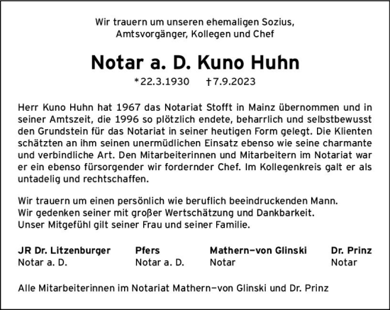 Traueranzeige von Kuno Huhn von Allgemeine Zeitung Mainz
