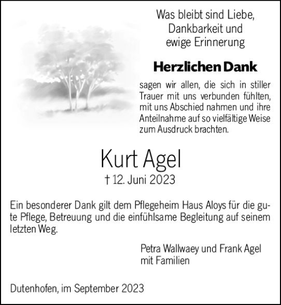 Traueranzeige von Kurt Agel von Wetzlarer Neue Zeitung