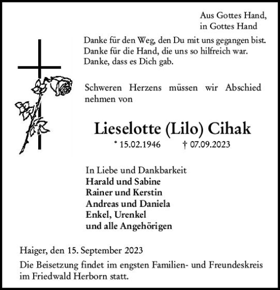 Traueranzeige von Lieselotte Cihak von Dill Block