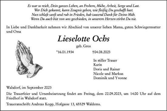 Traueranzeige von Lieselotte Ochs von Idsteiner Land/Untertaunus