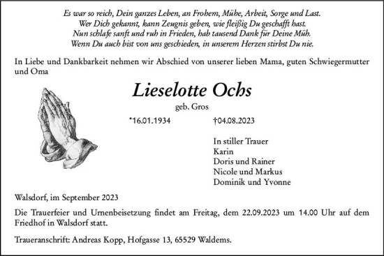 Traueranzeige von Lieselotte Ochs von Camberger Anzeiger