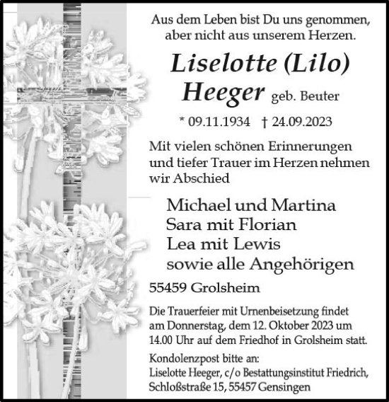 Traueranzeige von Liselotte Heeger von Wiesbadener Kurier