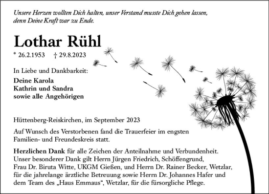 Traueranzeige von Lothar Rühl von Wetzlarer Neue Zeitung