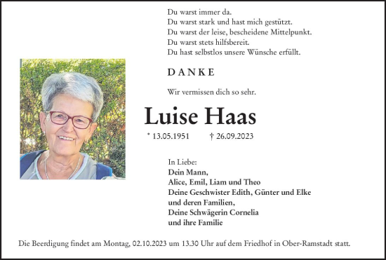 Traueranzeige von Luise Haas von Darmstädter Echo