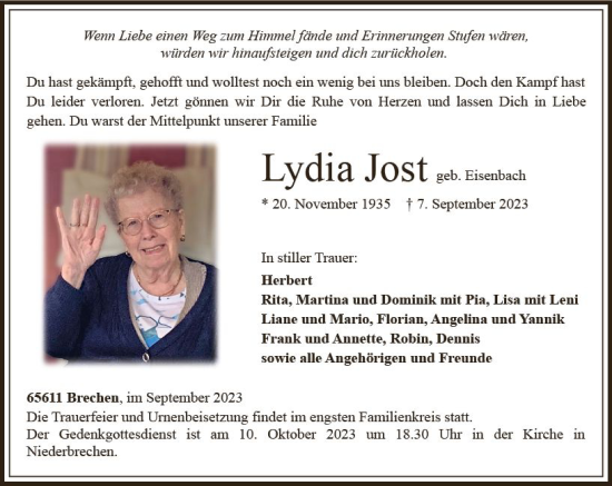 Traueranzeige von Lydia Jost von Camberger Anzeiger