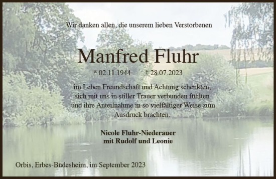 Traueranzeige von Manfred Fluhr von Allgemeine Zeitung Alzey