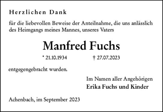 Traueranzeige von Manfred Fuchs von Hinterländer Anzeiger