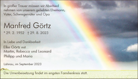 Traueranzeige von Manfred Görtz von Wetzlarer Neue Zeitung