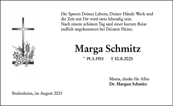Traueranzeige von Marga Schmitz von Allgemeine Zeitung Mainz