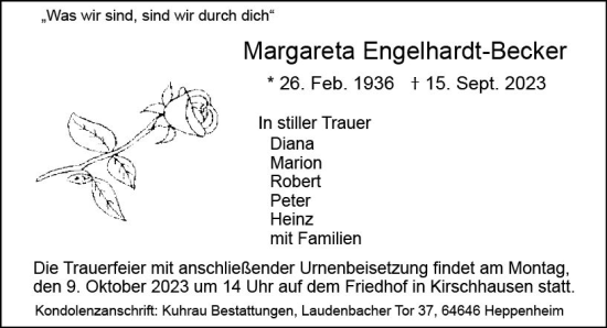Traueranzeige von Margareta Engelhardt-Becker von Odenwälder Echo