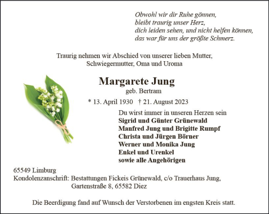 Traueranzeige von Margarete Jung von Nassauische Neue Presse