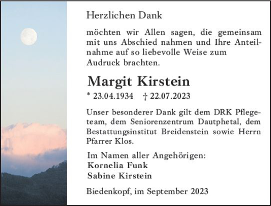 Traueranzeige von Margit Kirstein von Hinterländer Anzeiger