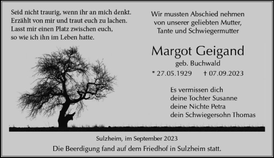 Traueranzeige von Margot Geigand von Allgemeine Zeitung Bingen/Ingelheim