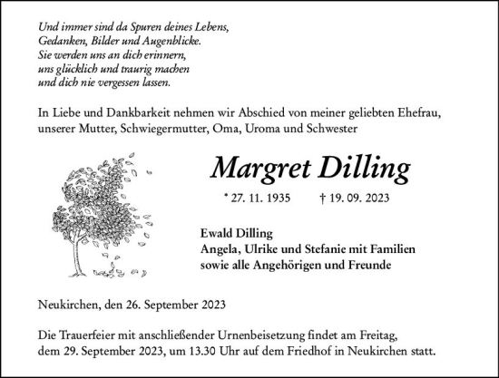 Traueranzeige von Margret Dilling von Dill Block
