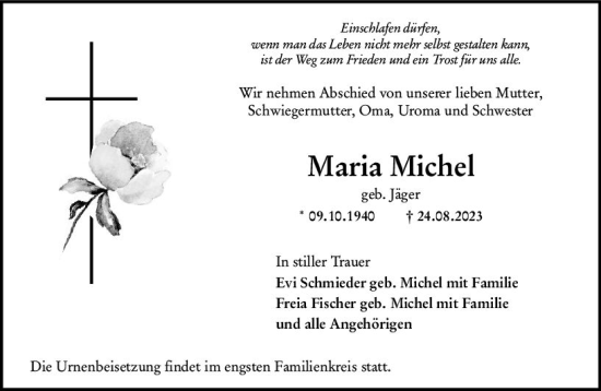 Traueranzeige von Maria Michel von Camberger Anzeiger