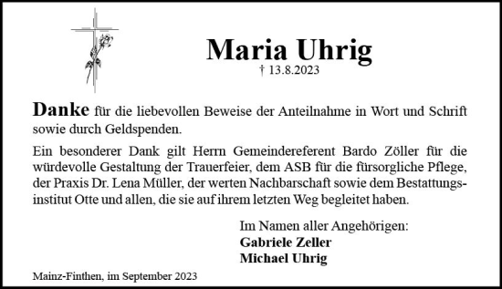 Traueranzeige von Maria Uhrig von Allgemeine Zeitung Mainz
